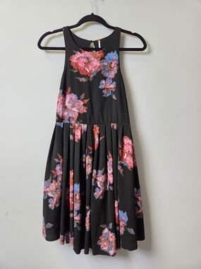 Free People Black Floral Fit & Flare Dress with Pink and Blue Blooms